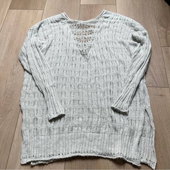 FREE PEOPLE Sweater Womens Mint Green Pretty In Pointelle Pullover Mineral - Picture 2 of 7